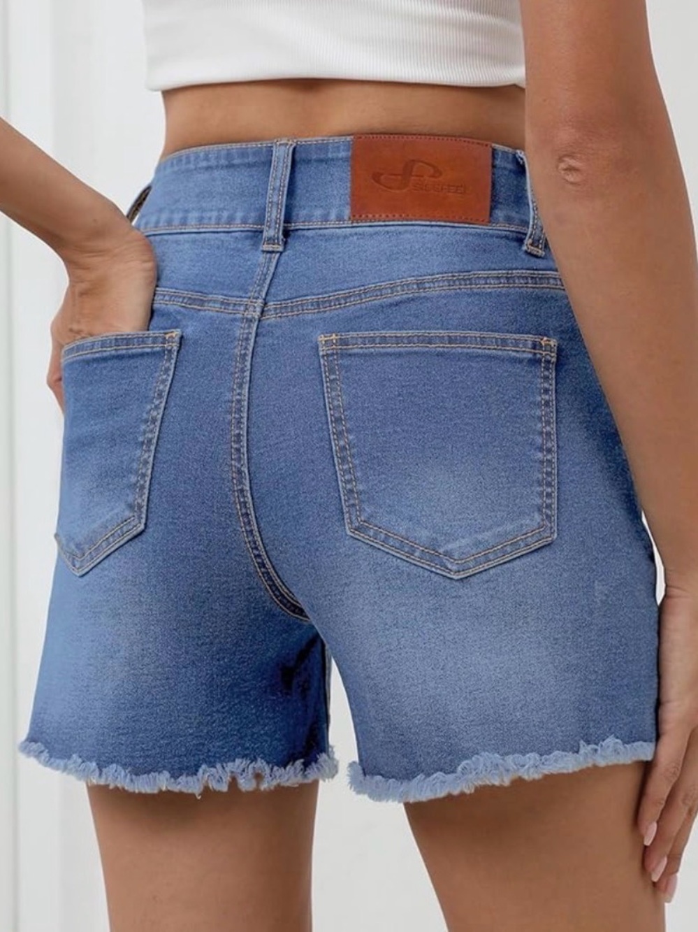 High-Rise Light Blue Denim Shorts with Frayed Hem - Picture 2 of 10
